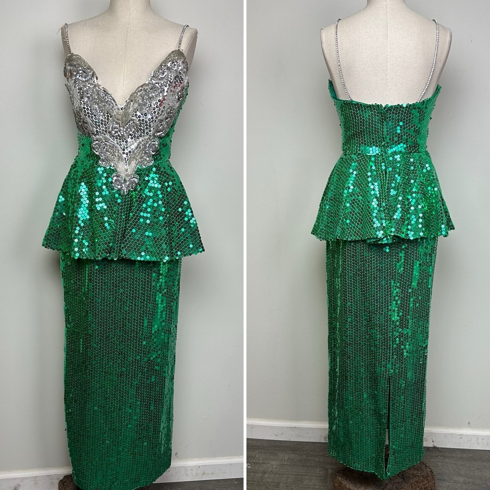 Emerald Sequin Peplum Prom Dress with Silver Embellished Bodice